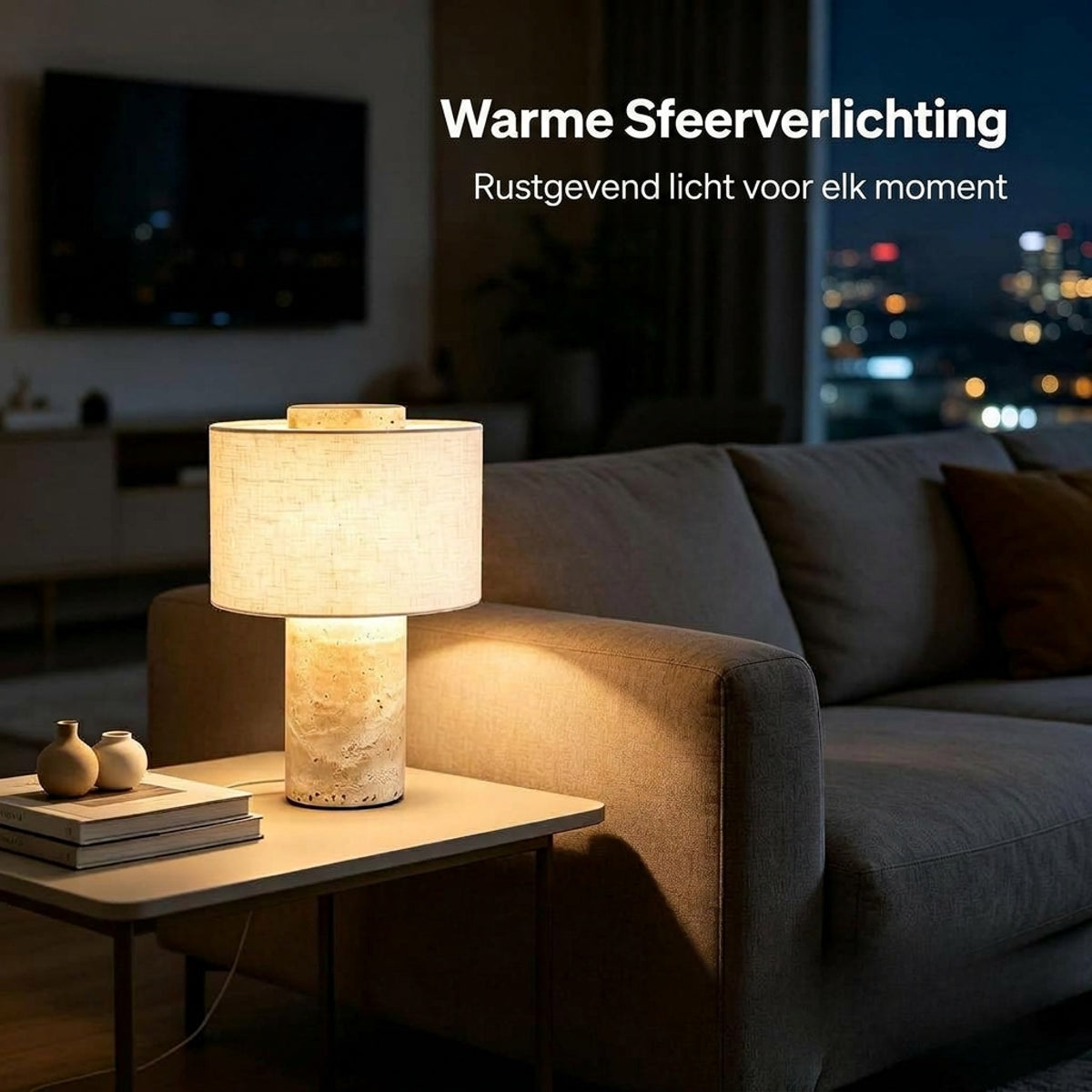 Travertijn Tafellamp met Linnen Kap – Luxe Designer Tafellamp