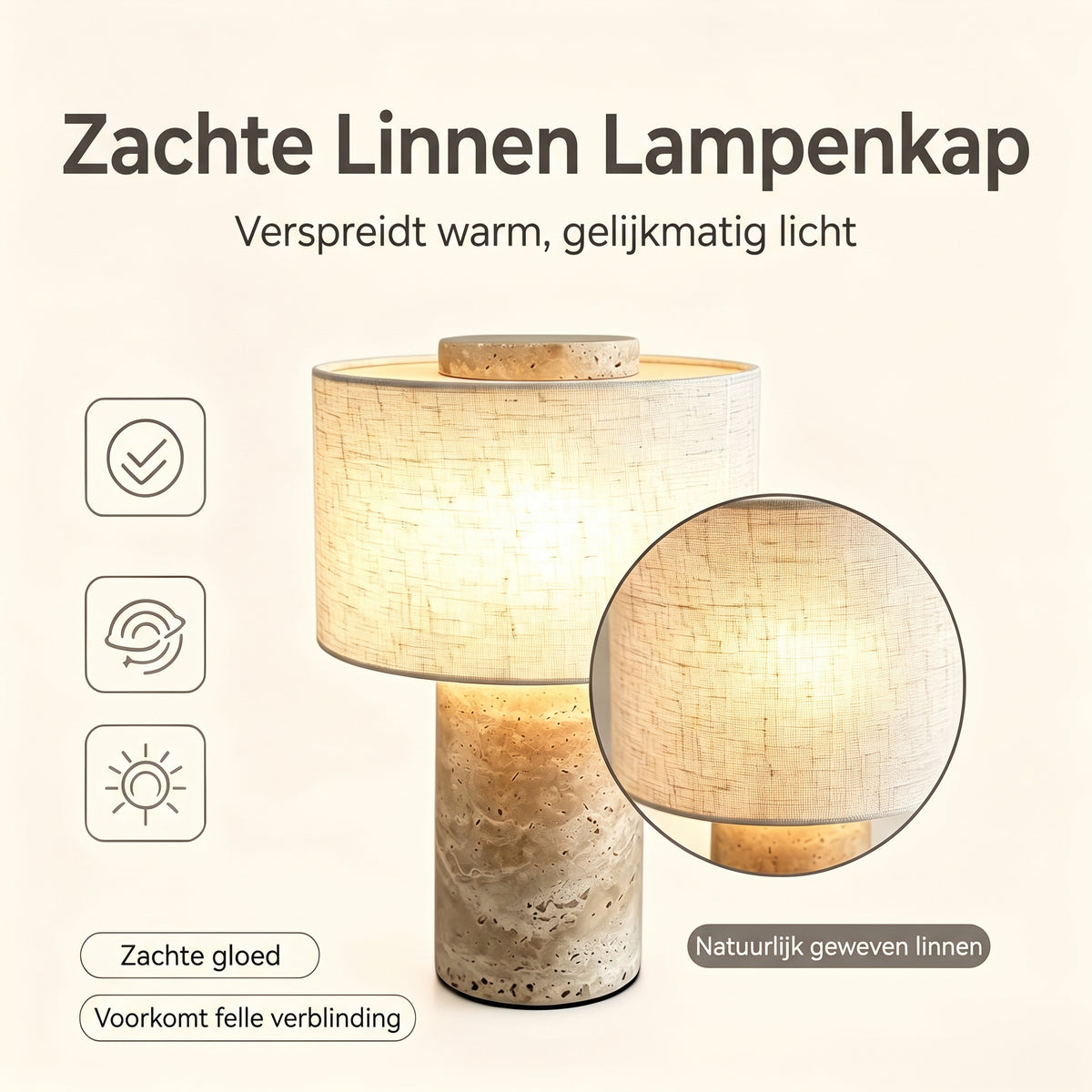 Travertijn Tafellamp met Linnen Kap – Luxe Designer Tafellamp
