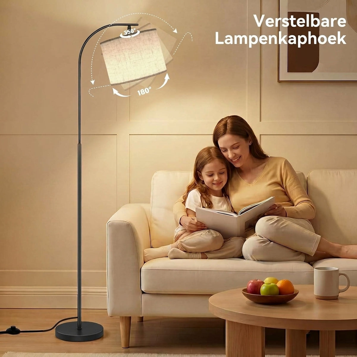 Moderne Booglamp met Linnen kap & Afstandsbediening