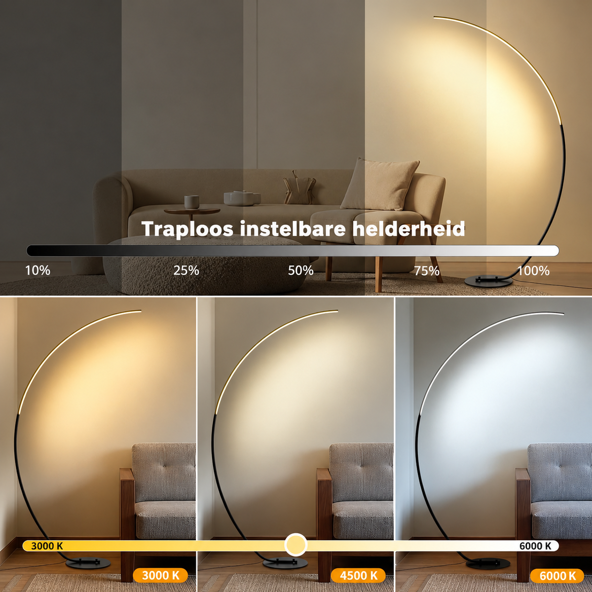 LED Booglamp  – Dimbare Vloerlamp met Afstandsbediening & Voetschakelaar