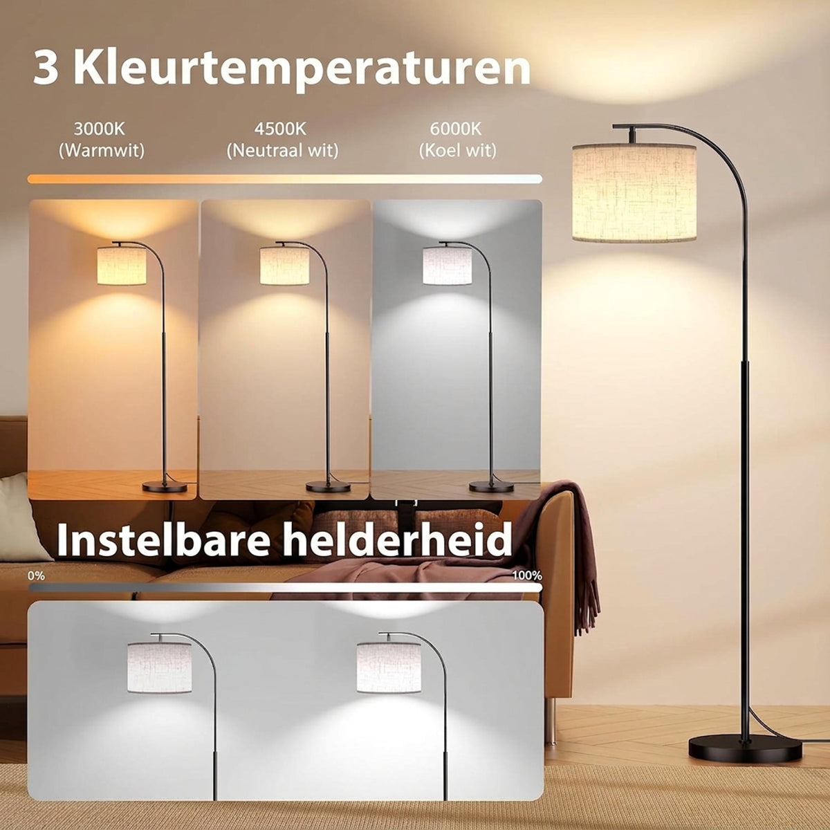 Moderne Booglamp met Linnen kap & Afstandsbediening