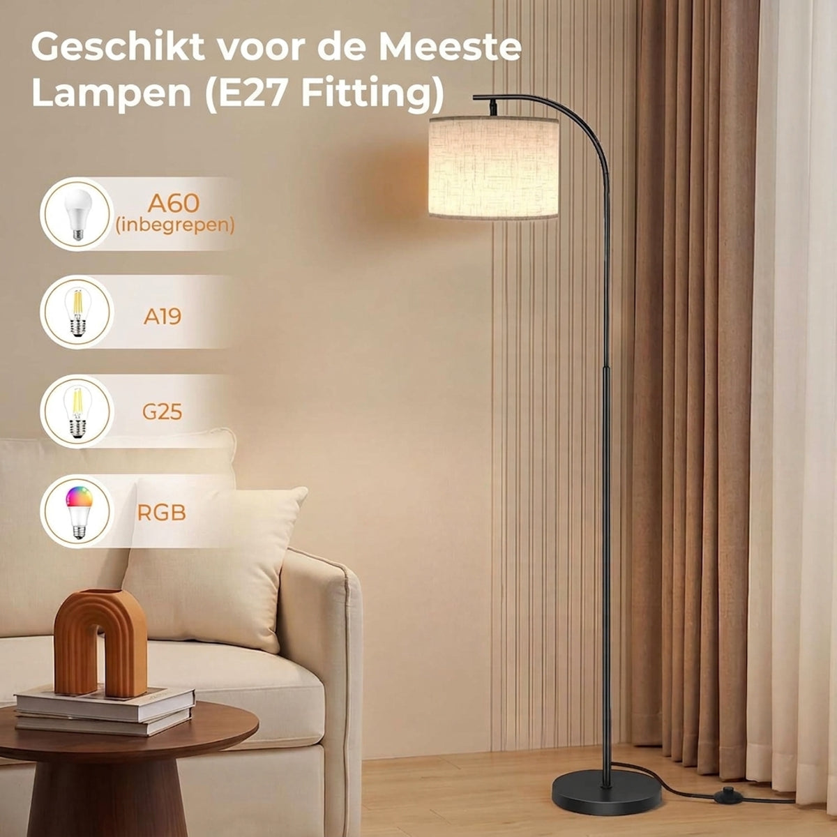 Moderne Booglamp met Linnen kap & Afstandsbediening