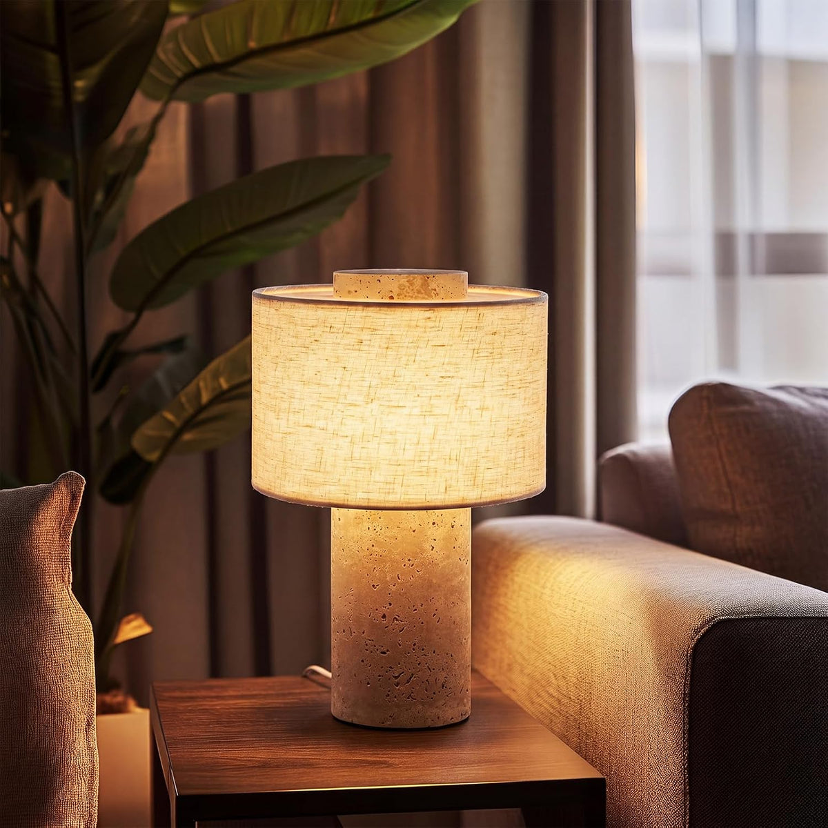 Travertijn Tafellamp met Linnen Kap – Luxe Designer Tafellamp
