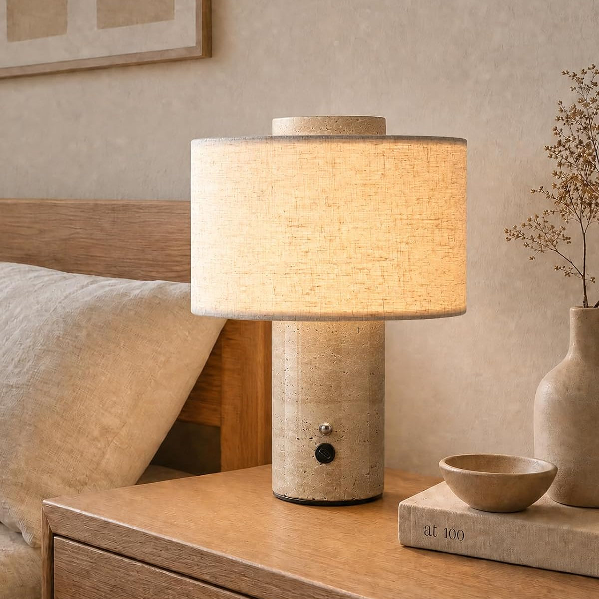 Travertijn Tafellamp Draadloos – Wabi Sabi Marmeren Lamp Dimbaar