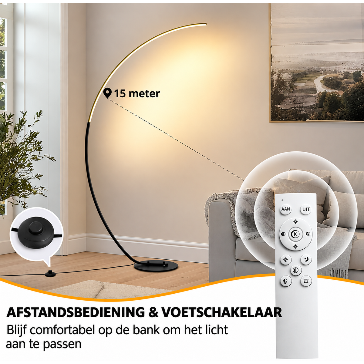 LED Booglamp  – Dimbare Vloerlamp met Afstandsbediening & Voetschakelaar