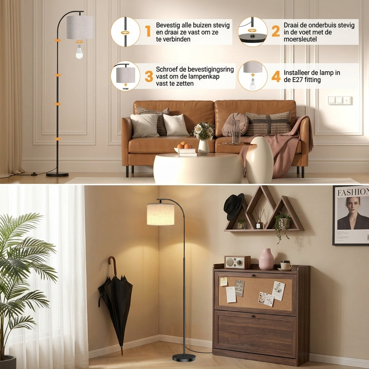 Moderne Booglamp met Linnen kap & Afstandsbediening