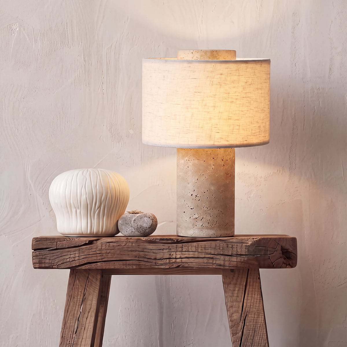 Travertijn Tafellamp Draadloos – Wabi Sabi Marmeren Lamp Dimbaar